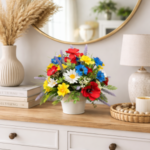 Polne kwiaty stroik chabry rumianki maki lawenda Molly wz.1