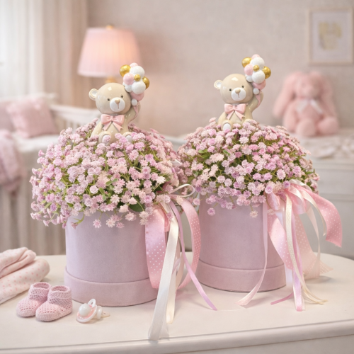 Flower box narodziny roczek pastel baby girl pink miś Miranda róż