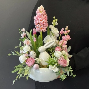 Kompozycja królik hiacynt dekoracja zając Wielkanoc