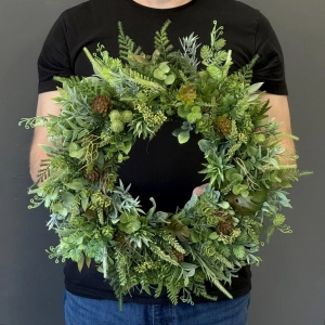 Wianek dekoracyjny zielony naturalna kompozycja z liści i roślin wz.7