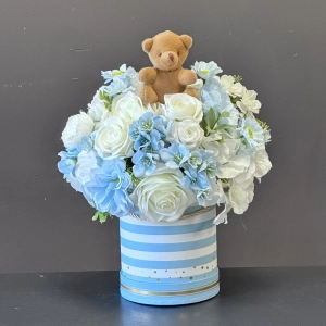 Flower Box z misiem – wyjątkowy prezent na narodziny, chrzest i roczek Blue