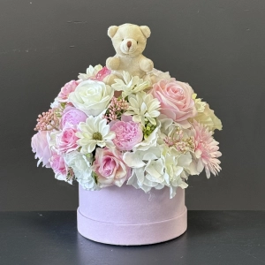 Flower Box z misiem – wyjątkowy prezent na narodziny, chrzest i roczek Pink L