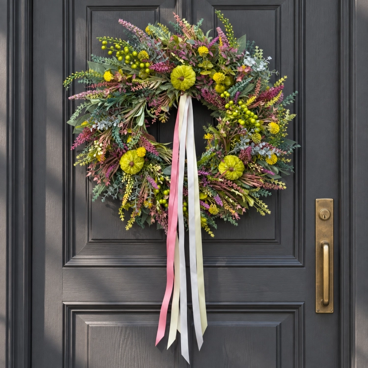 Limonkowy wieniec z wstążkami na grafitowych drzwiach.png