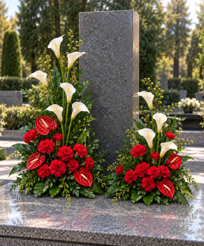 Groby wśród białych lilii i czerwonych kwiatów.png