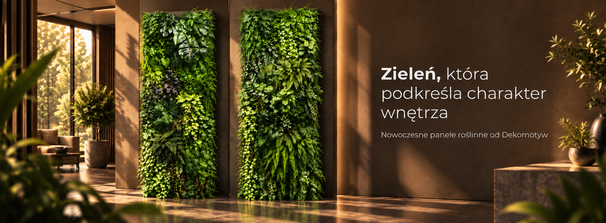 Baner przedstawiający zielone ściany ze sztucznych roślin